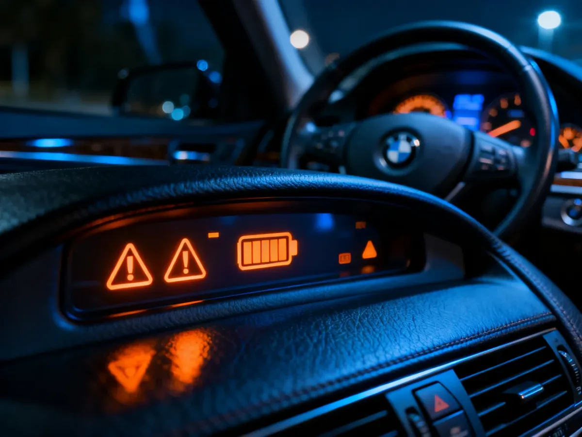 Deska rozdzielcza BMW e60 z podświetloną ikoną akumulatora, sygnalizującą awarię układu zasilania.