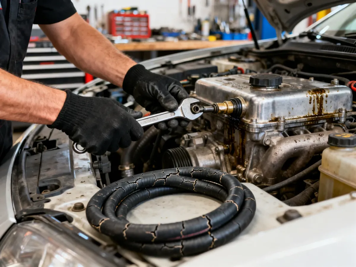 Mechanik wymieniający uszkodzony przewód paliwowy