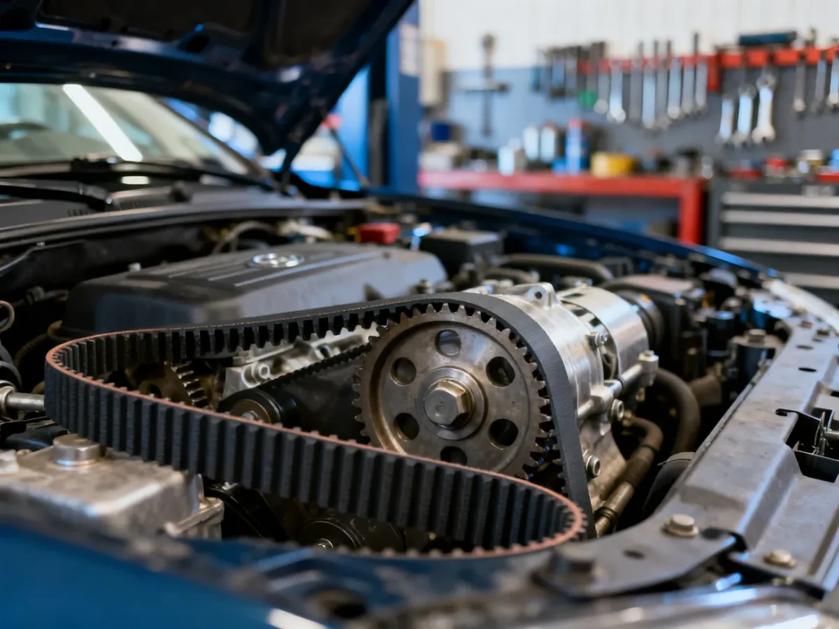 Zbliżenie na pasek rozrządu w silniku benzynowym z widocznymi zębami przekładni i elementami mechanicznymi.