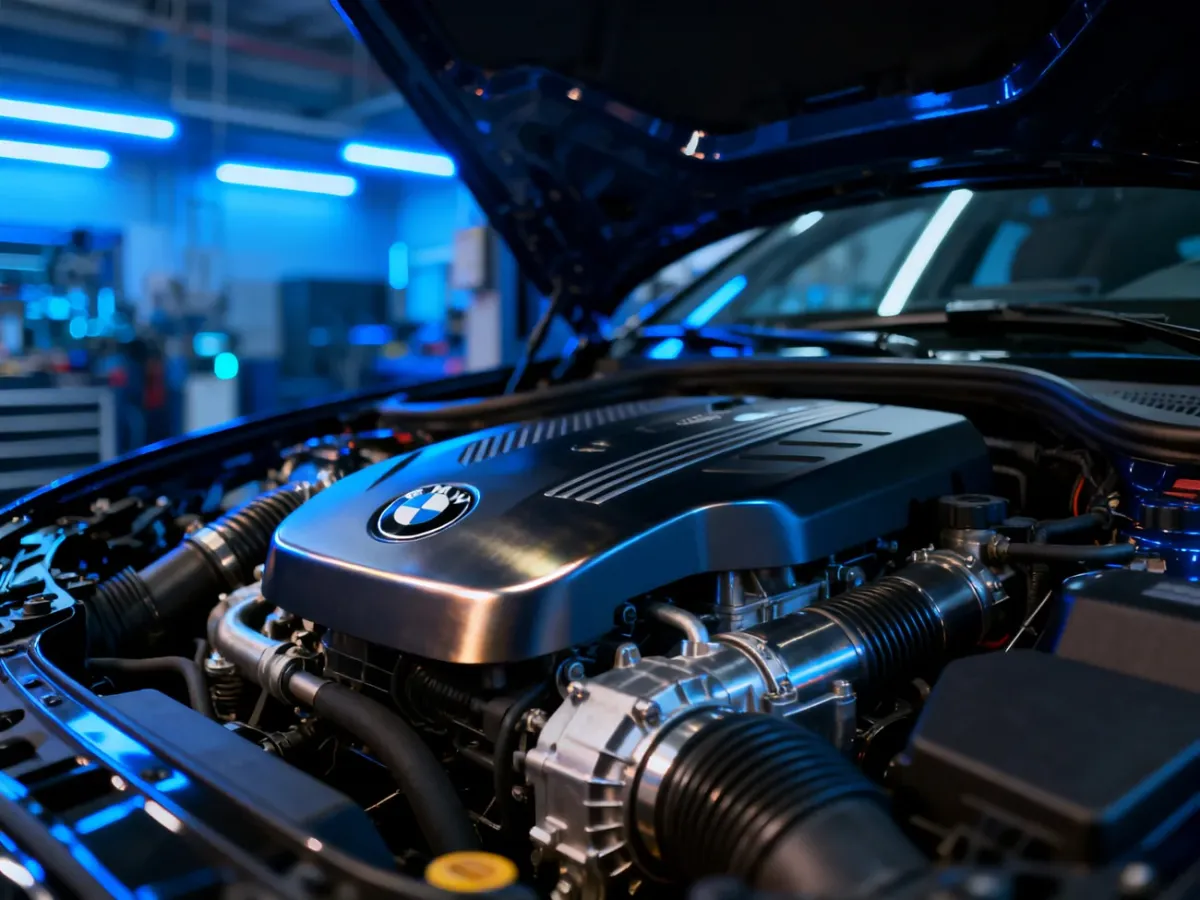 Zbliżenie na nowoczesny silnik BMW w profesjonalnym warsztacie, podkreślające precyzję wykonania jednostki napędowej.