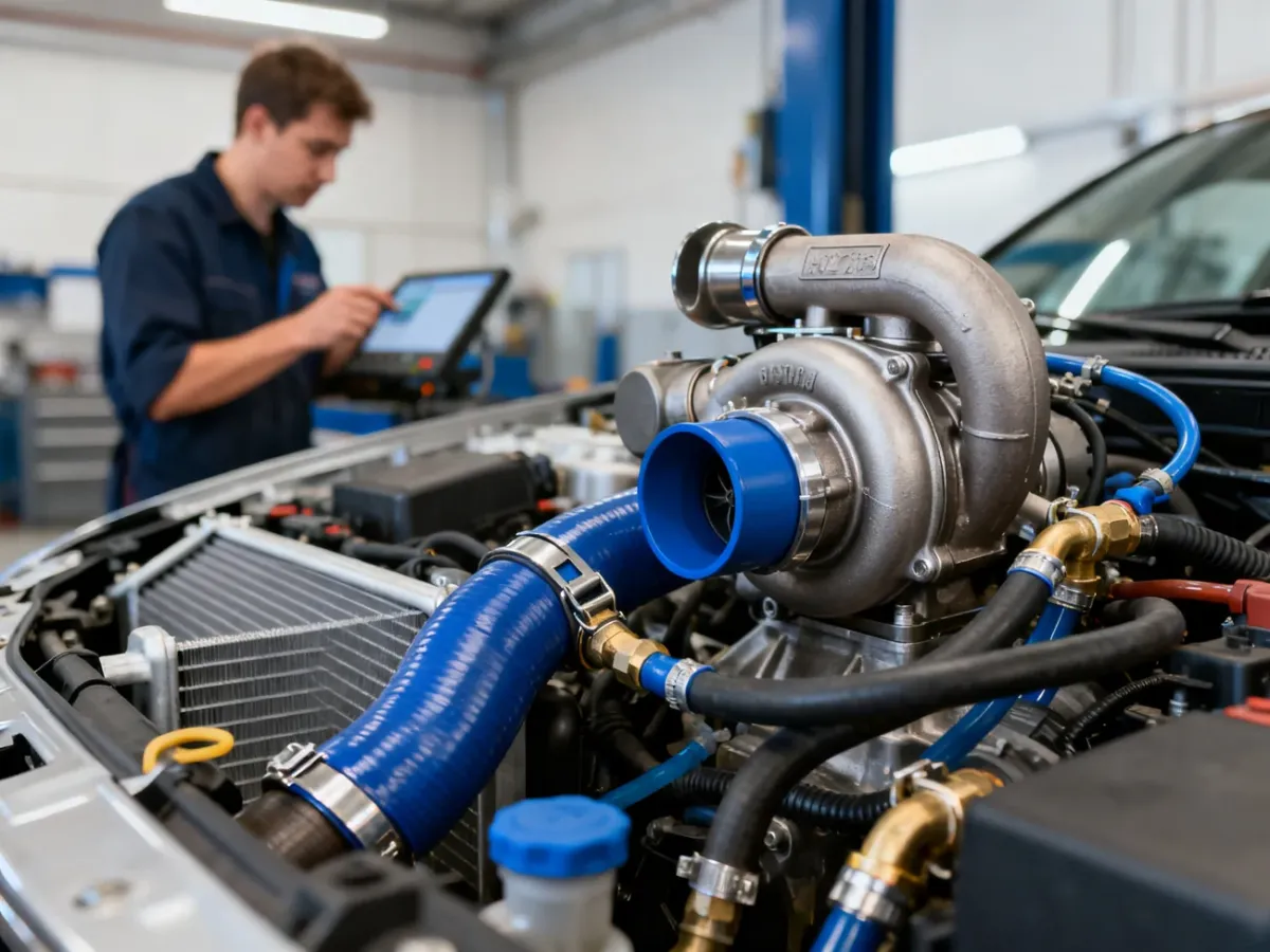 Mechanik sprawdzający przewody dolotowe, intercooler i przewody olejowe turbosprężarki