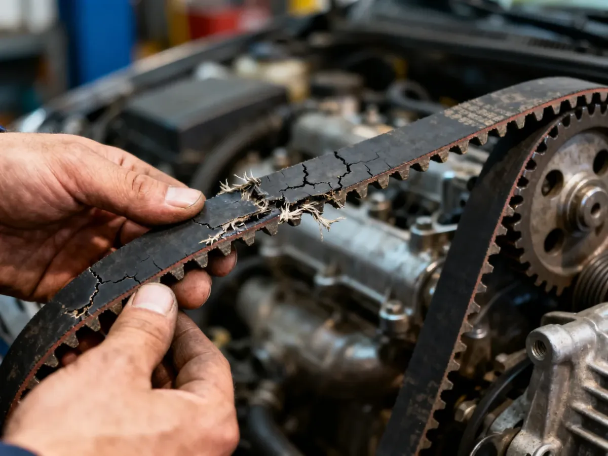 Mechanik oglądający zużyty i uszkodzony pasek rozrządu