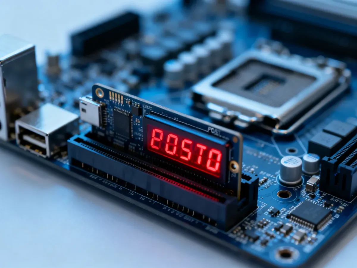 Karta diagnostyczna POST wpięta w slot PCIe płyty głównej, wyświetlająca kod błędu na czerwonym wyświetlaczu LED.