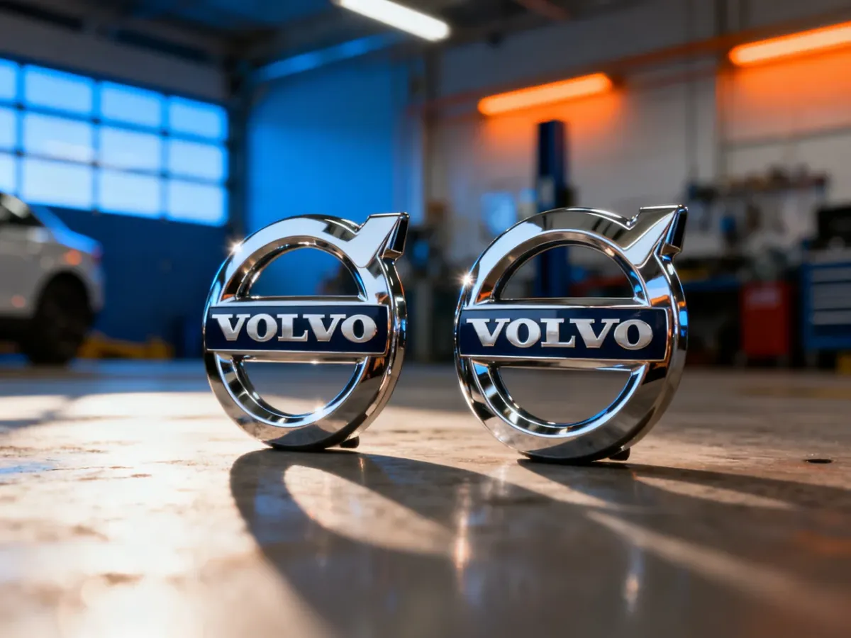 Zbliżenie na metalowe emblematy Volvo, symbolizujące silniki benzynowe i diesla w profesjonalnym warsztacie.