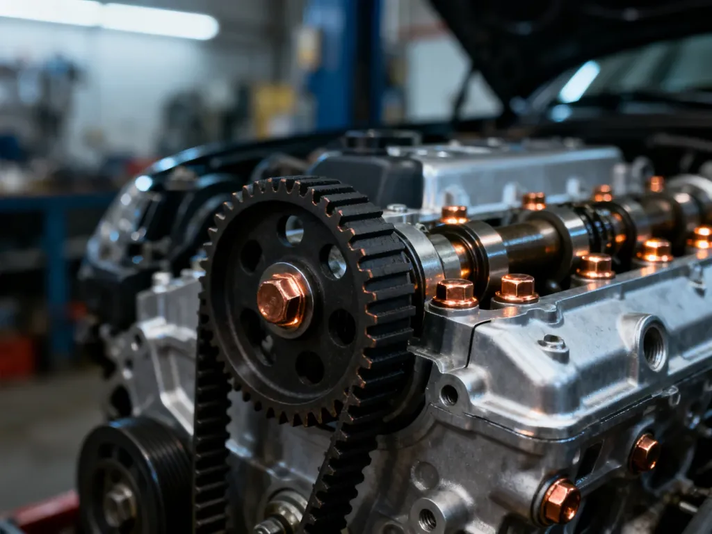 Zbliżenie na pasek rozrządu silnika 1.6 Ecoboost z widocznymi detalami technicznymi mechanizmu.