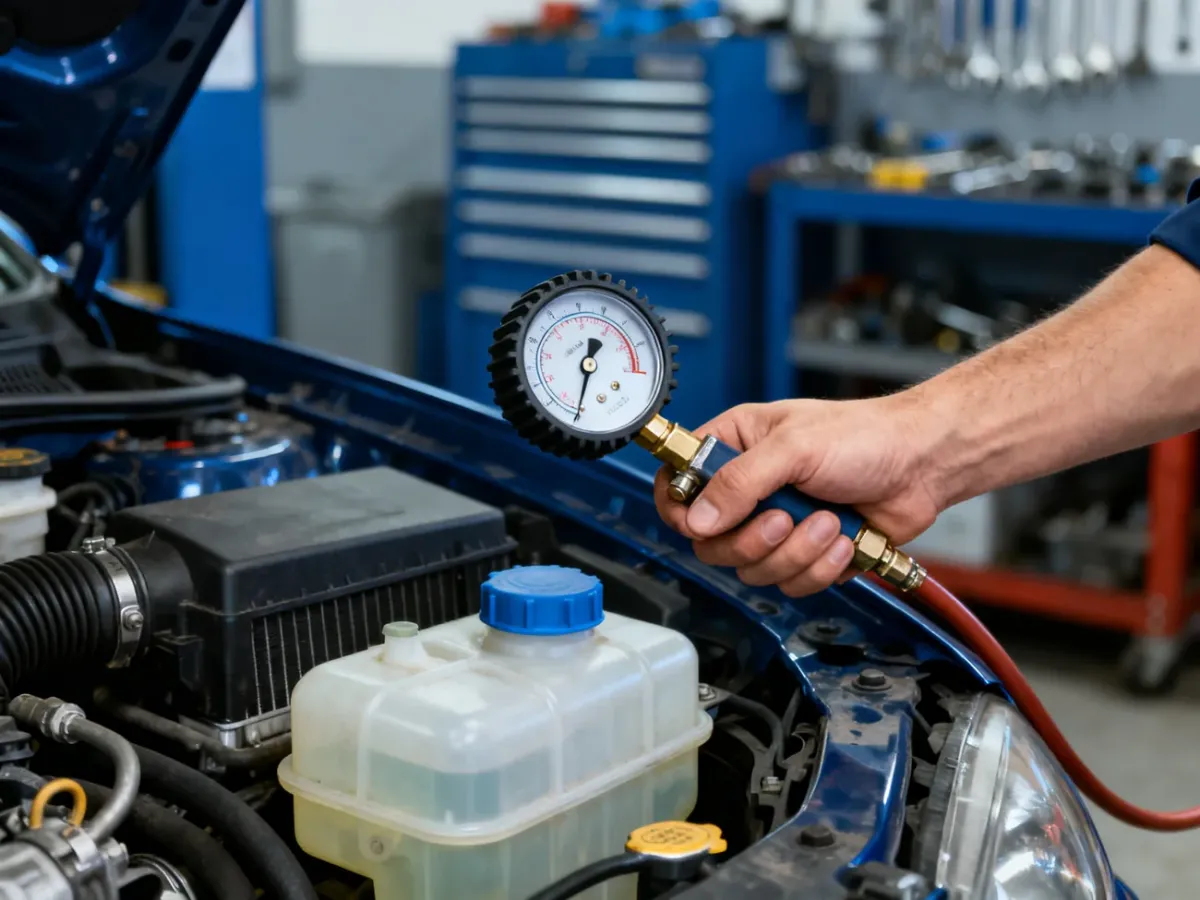 Mechanik sprawdzający szczelność układu chłodzenia pompką ciśnieniową