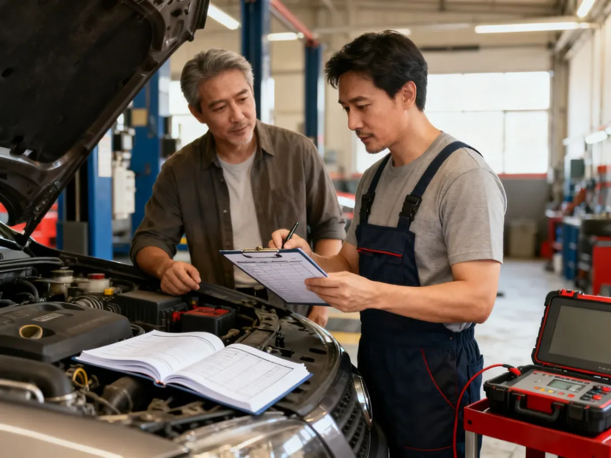 Właściciel samochodu omawiający zakres przeglądu z mechanikiem