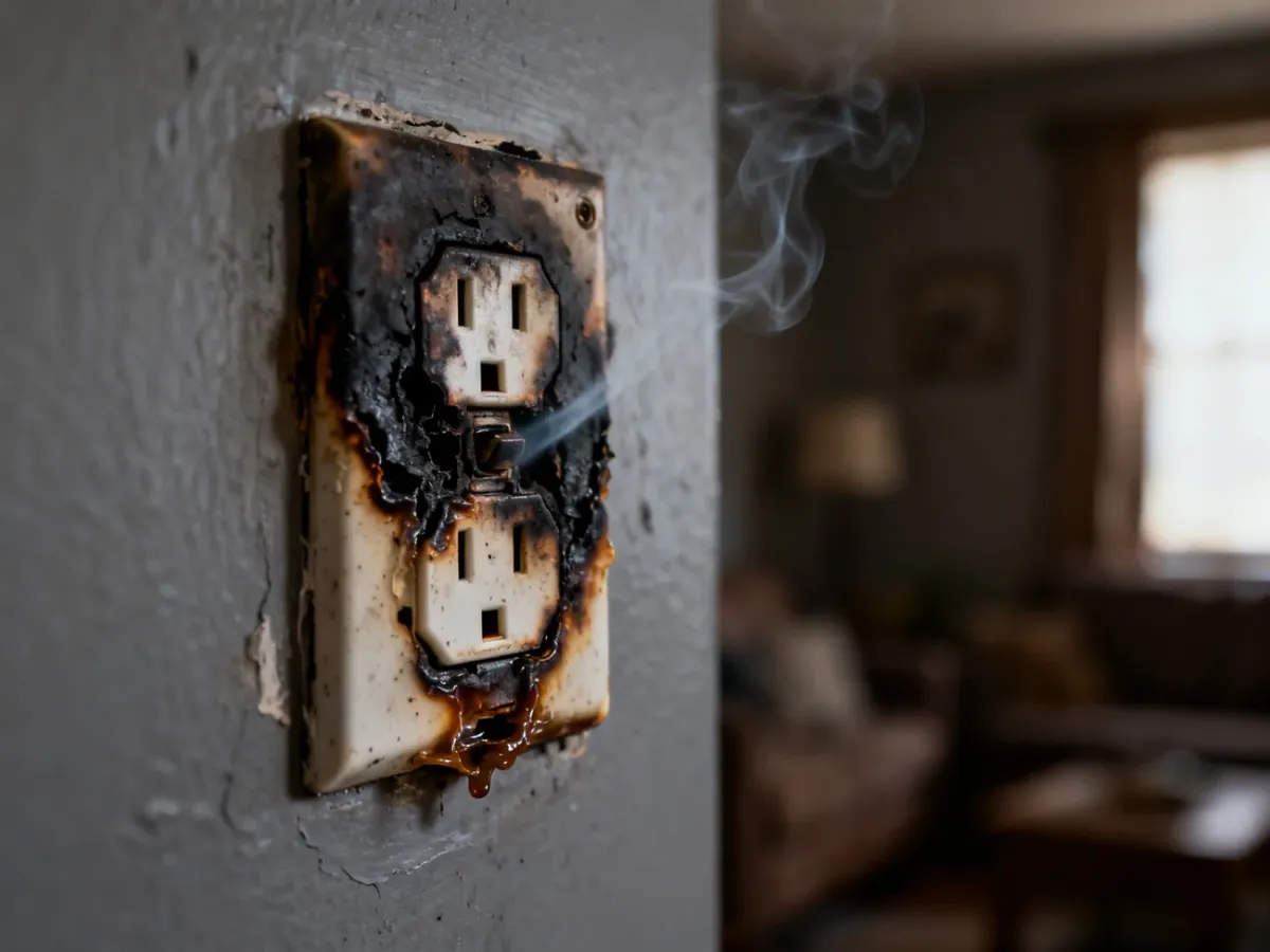 Nadtopione i osmolone gniazdko elektryczne z widocznymi śladami przegrzania