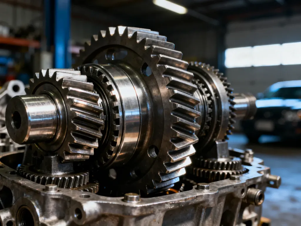 Zbliżenie na precyzyjny mechanizm różnicowy z widocznymi metalowymi kołami zębatymi wewnątrz warsztatu samochodowego.
