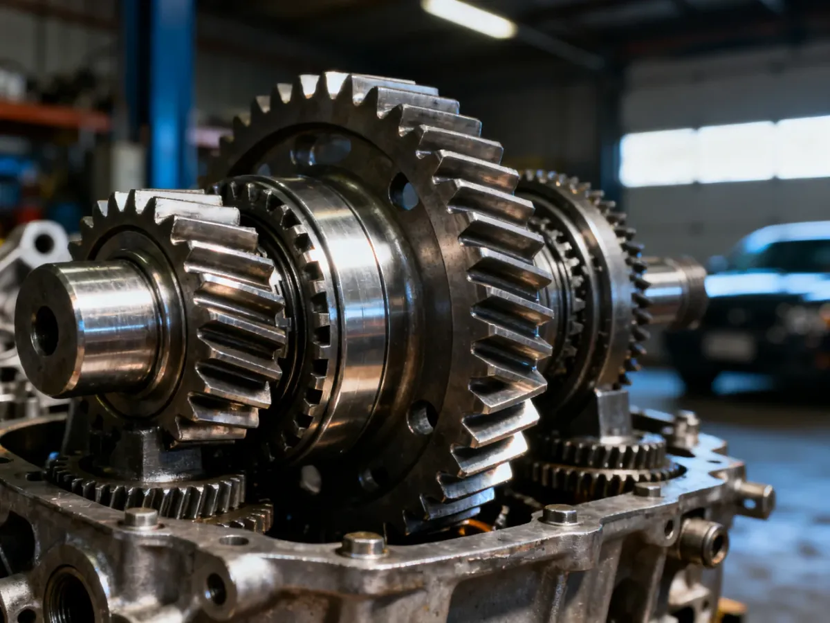 Zbliżenie na precyzyjny mechanizm różnicowy z widocznymi metalowymi kołami zębatymi wewnątrz warsztatu samochodowego.