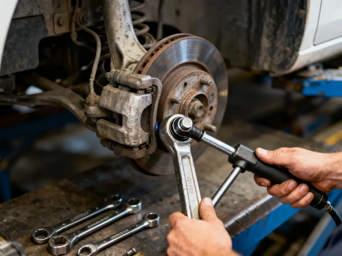 Mechanik odłącza sworzeń wahacza od zwrotnicy za pomocą ściągacza