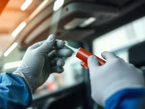 Profesjonalna ładowarka podłączona do akumulatora samochodowego wewnątrz komory silnika w przydomowym garażu.