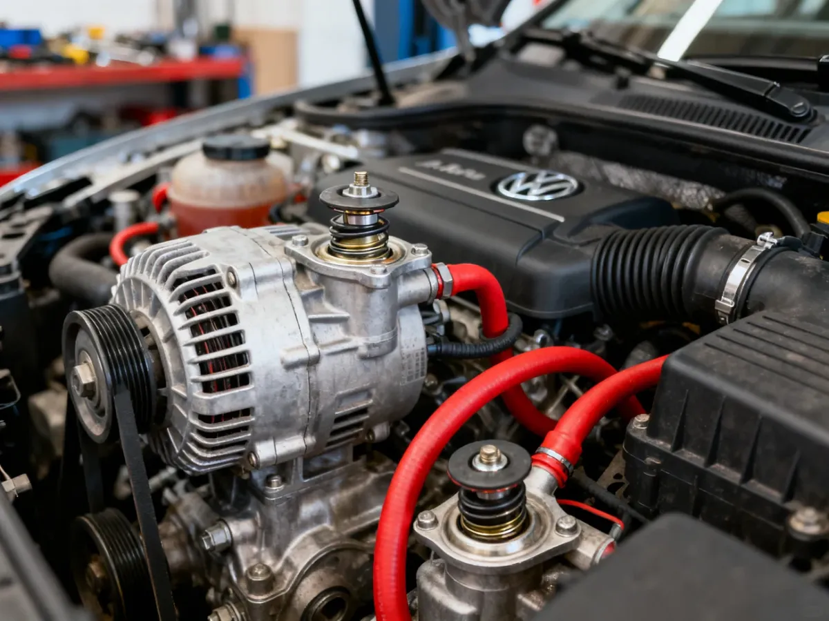 Komora silnika Audi A4 B6 z widocznymi obszarami położenia termostatu w silnikach 1.8T i 1.9 TDI