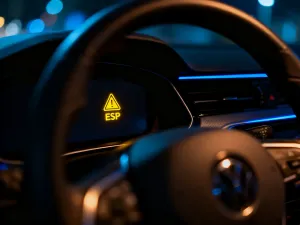 Świecąca kontrolka rezerwy paliwa na desce rozdzielczej samochodu z widoczną w tle autostradą o zachodzie słońca.