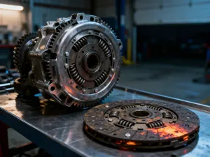 Zdemontowana pompa wtryskowa VP44 z widocznymi precyzyjnymi elementami mechanicznymi na stole warsztatowym.