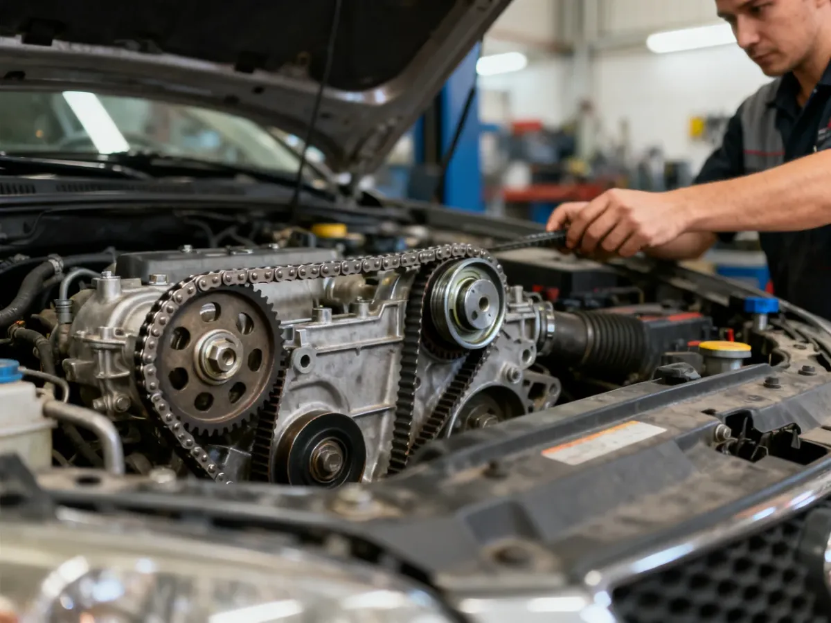 Mechanik sprawdzający pasek, rolki i łańcuch rozrządu w otwartym silniku