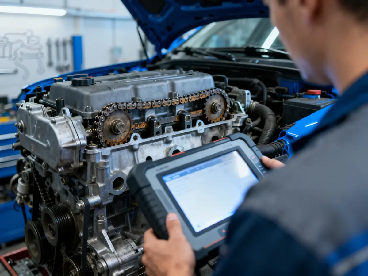 Mechanik diagnozujący układ łańcucha rozrządu w silniku samochodowym
