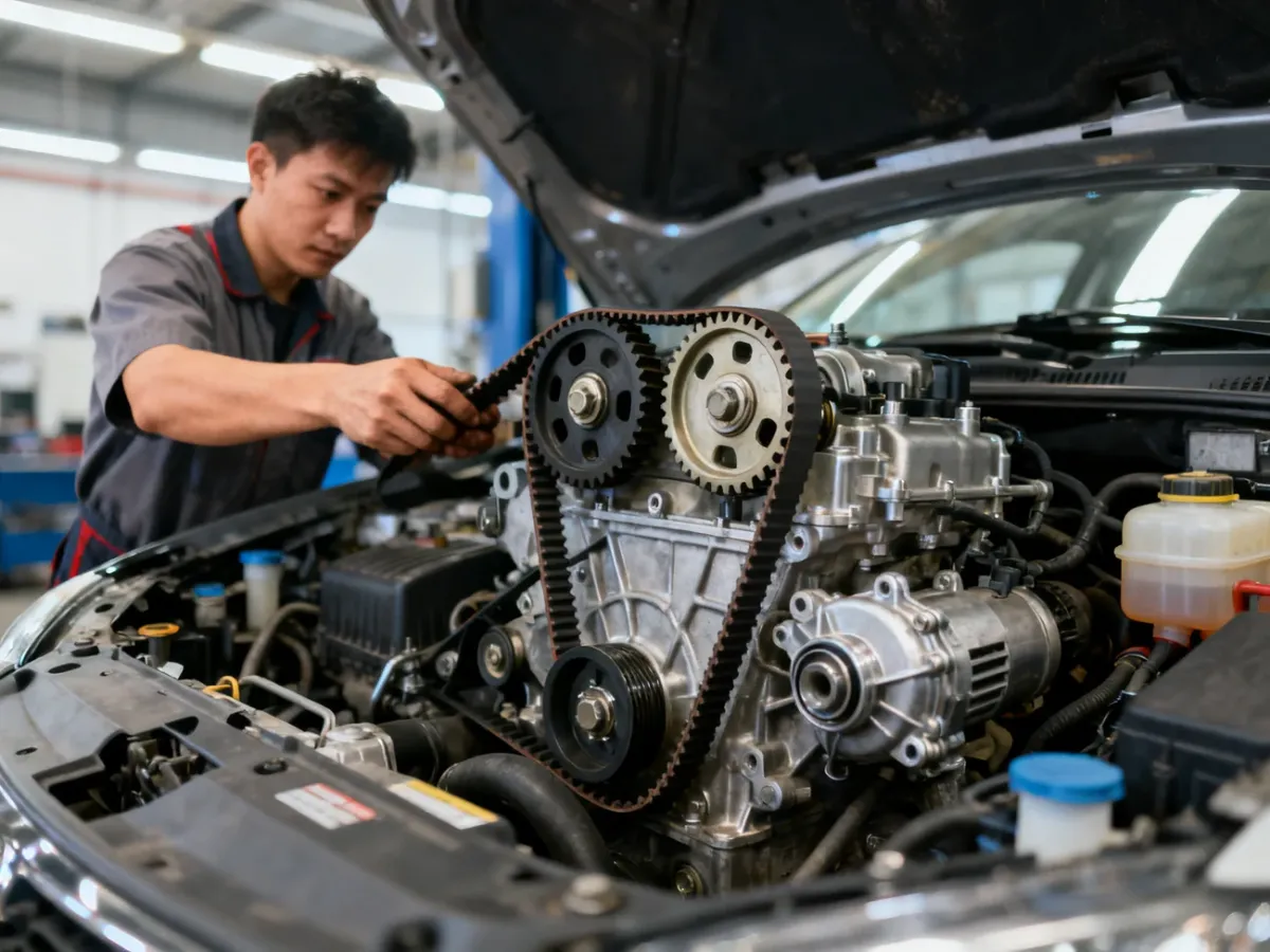 Mechanik wymieniający kompletny zestaw rozrządu w silniku samochodowym
