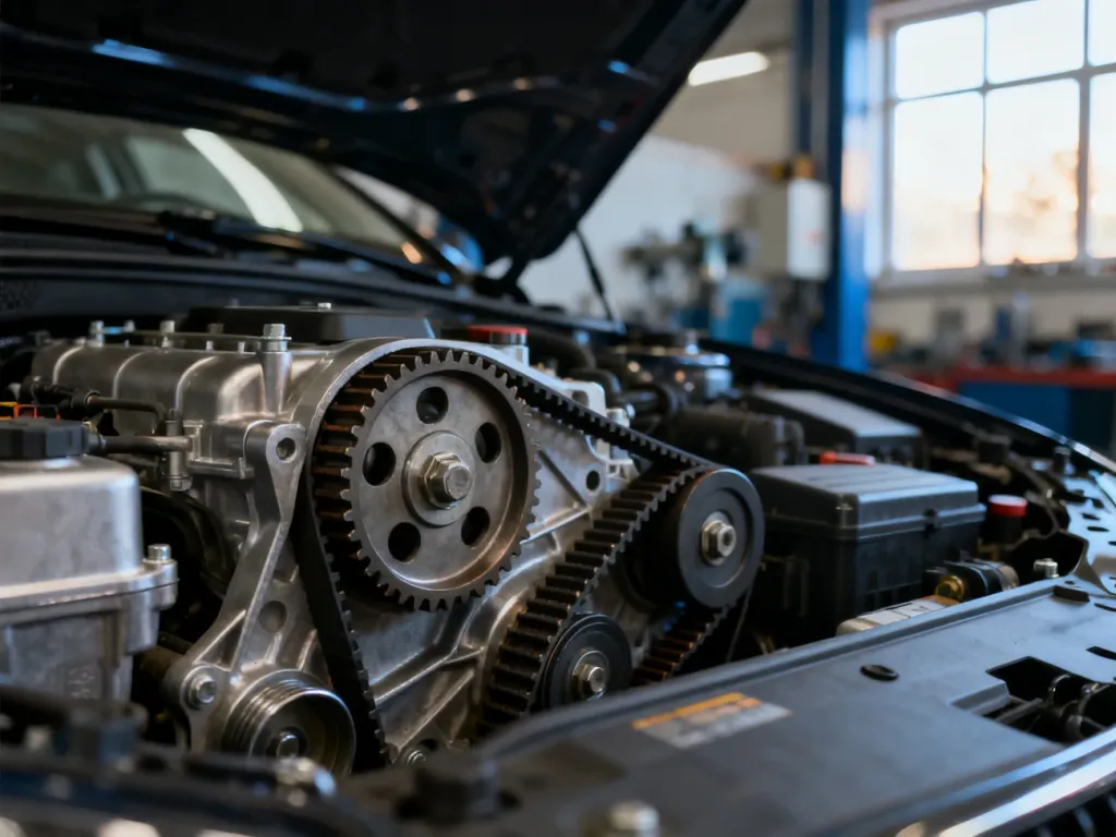 Zbliżenie na pasek rozrządu w komorze silnika samochodu Peugeot, ukazujące precyzyjne elementy mechaniczne jednostki napędowej.