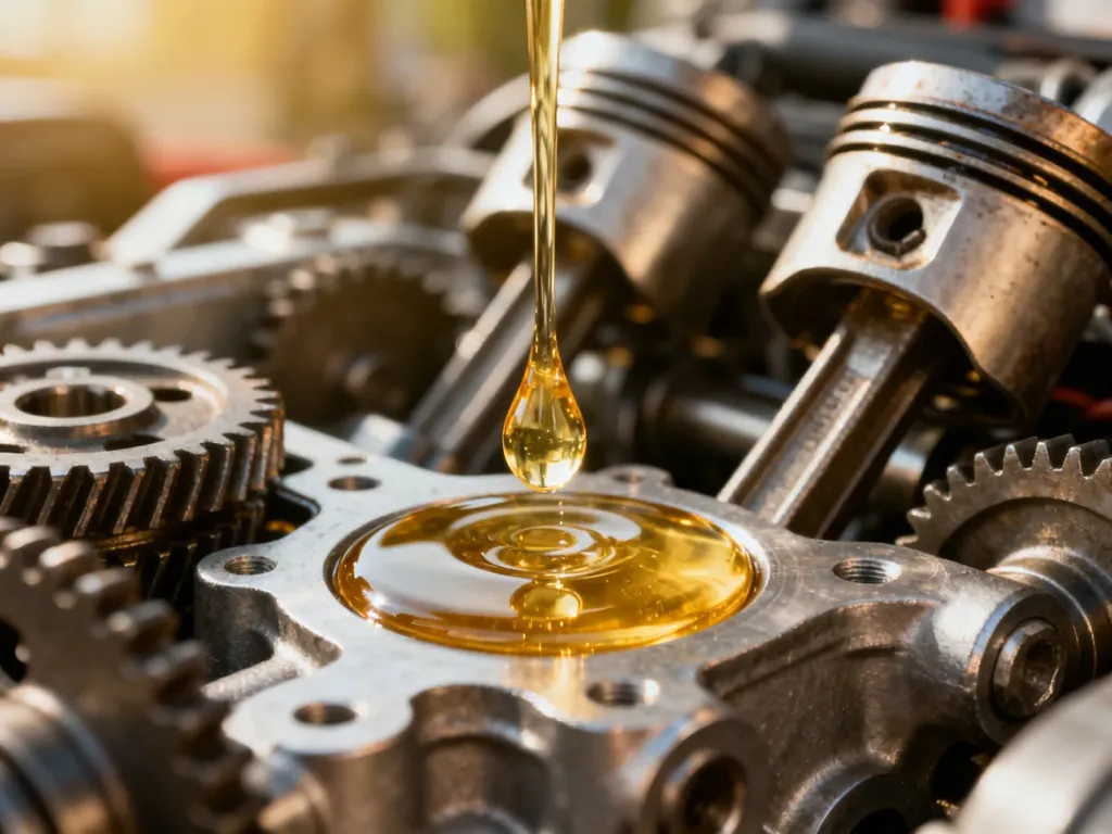 Złota kropla oleju silnikowego wpadająca do wnętrza metalowego mechanizmu silnika.