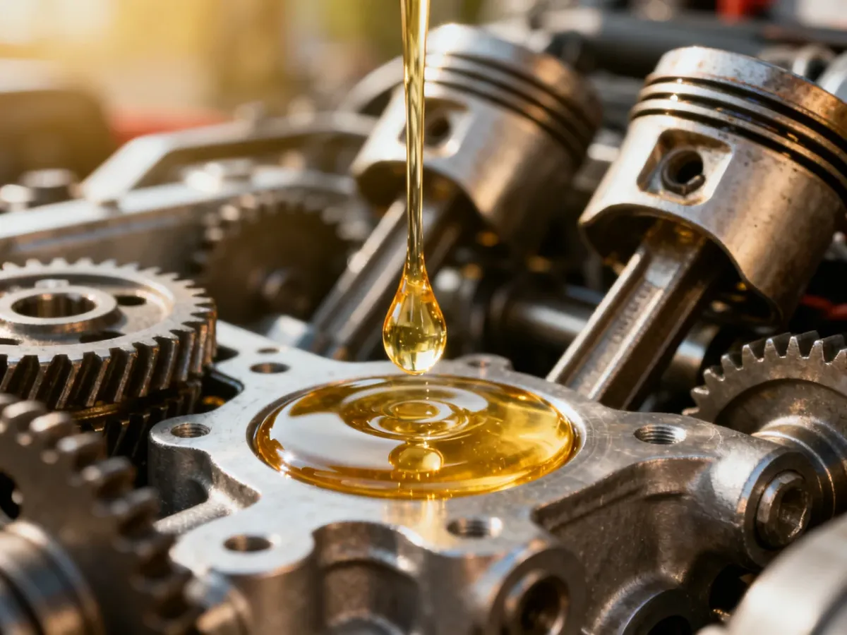 Złota kropla oleju silnikowego wpadająca do wnętrza metalowego mechanizmu silnika.