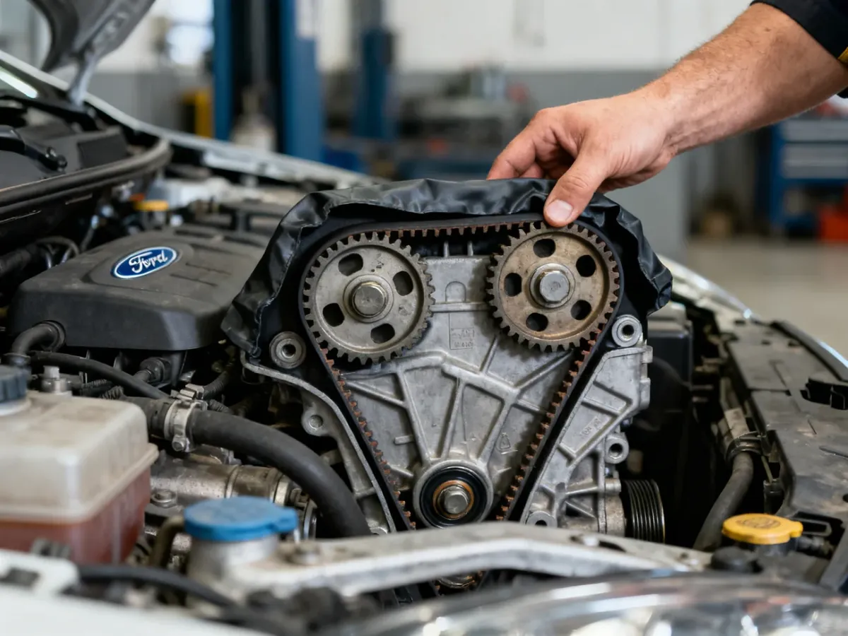 Mechanik sprawdzający pasek rozrządu w silniku Forda Fiesty