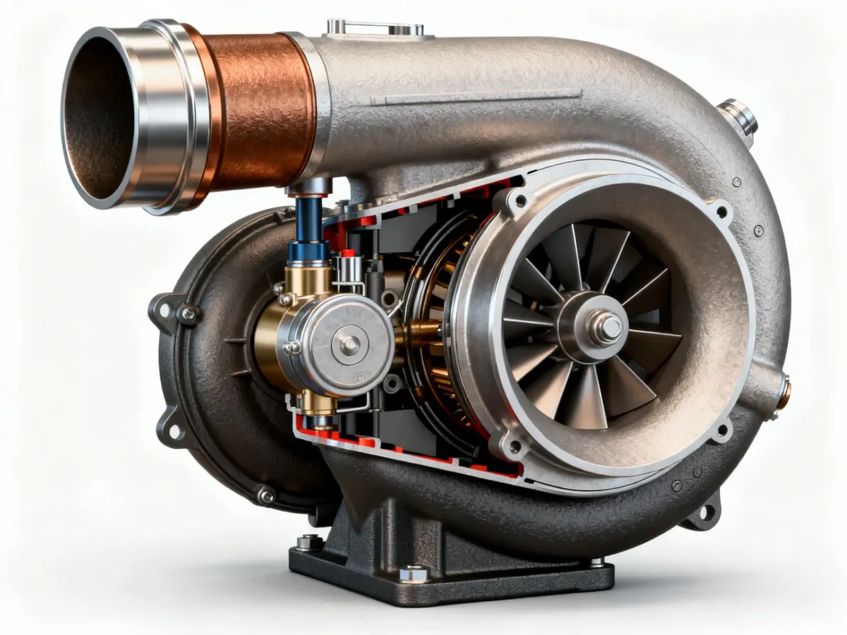 Turbosprężarka ze zmienną geometrią i elementami regulacji ciśnienia doładowania