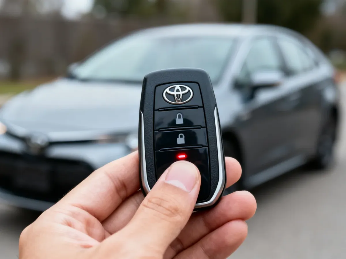 Pilot Toyoty z naciskanym przyciskiem blokowania na tle samochodu