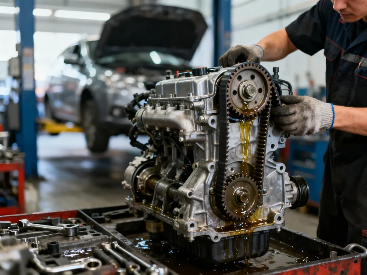 Mechanik sprawdzający pasek rozrządu pracujący w kąpieli olejowej