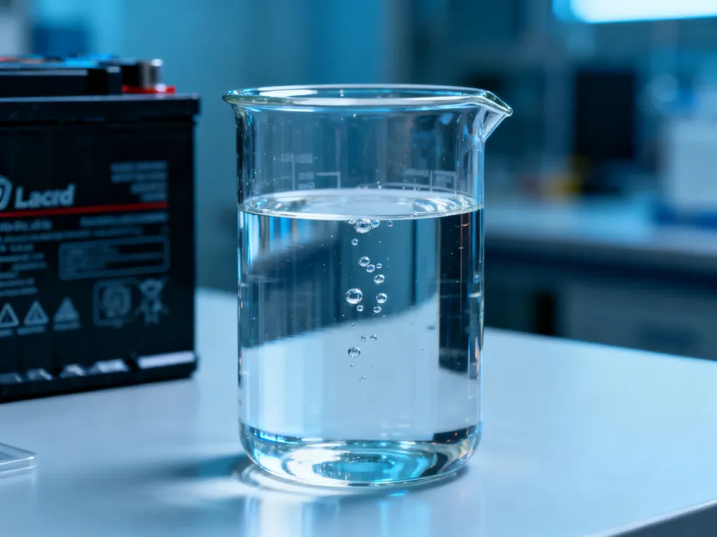 Przezroczysty elektrolit w szklanym naczyniu z widocznymi pęcherzykami reakcji chemicznej na tle obudowy akumulatora kwasowo-ołowiowego.