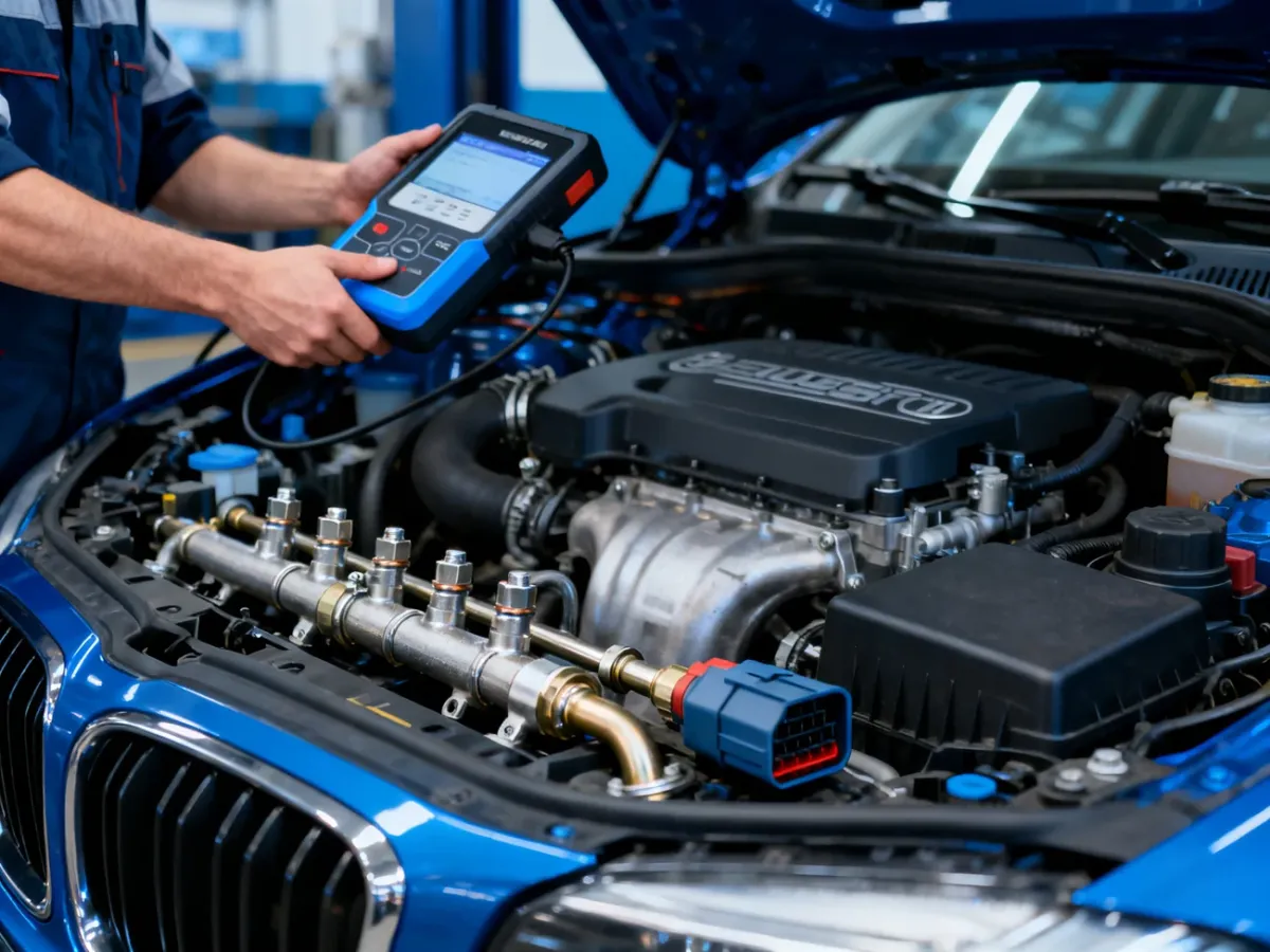 Mechanik odczytujący parametry ciśnienia paliwa skanerem OBD2 przy silniku Diesla