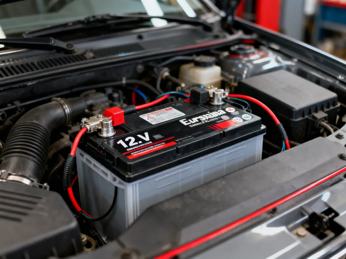 Akumulator 12 V zamontowany w komorze silnika Audi A4 B5