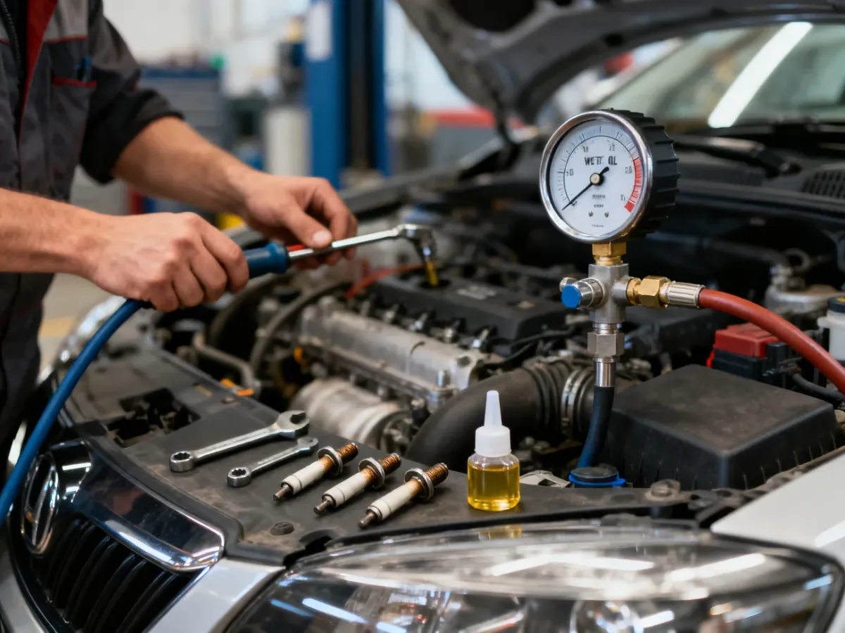 Mechanik wykonujący próbę olejową i pomiar kompresji silnika