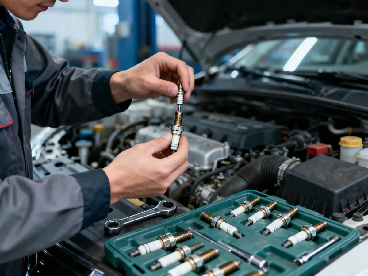 Mechanik wymieniający świecę zapłonową w zimnym silniku samochodu