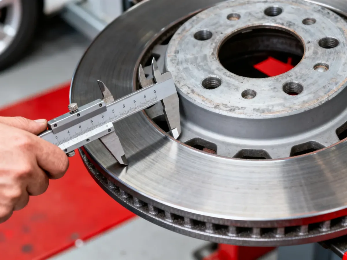 Mechanik mierzący suwmiarką grubość tarczy hamulcowej
