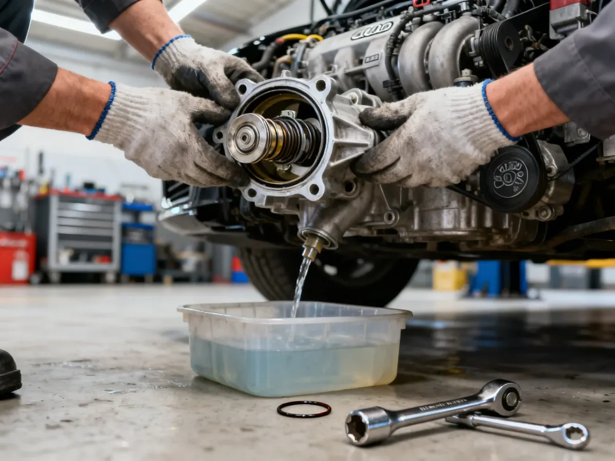 Wymiana termostatu w silniku Audi A4 B6 z nową uszczelką i narzędziami