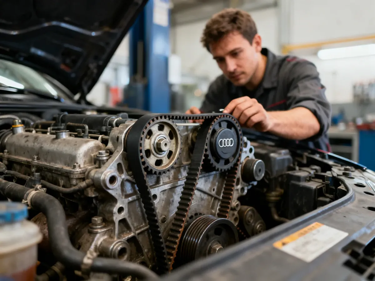 Mechanik sprawdzający pasek rozrządu i napinacz hydrauliczny w silniku Audi