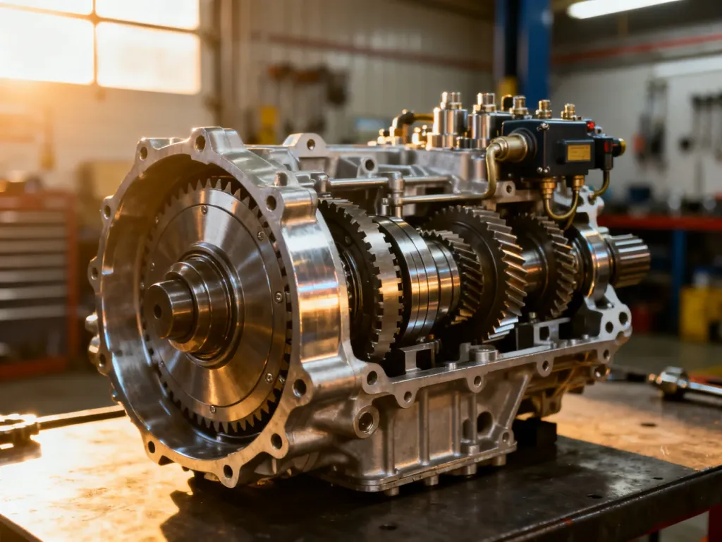 Wnętrze nowoczesnej skrzyni dwusprzęgłowej z precyzyjnymi metalowymi przekładniami i zaworami hydraulicznymi.