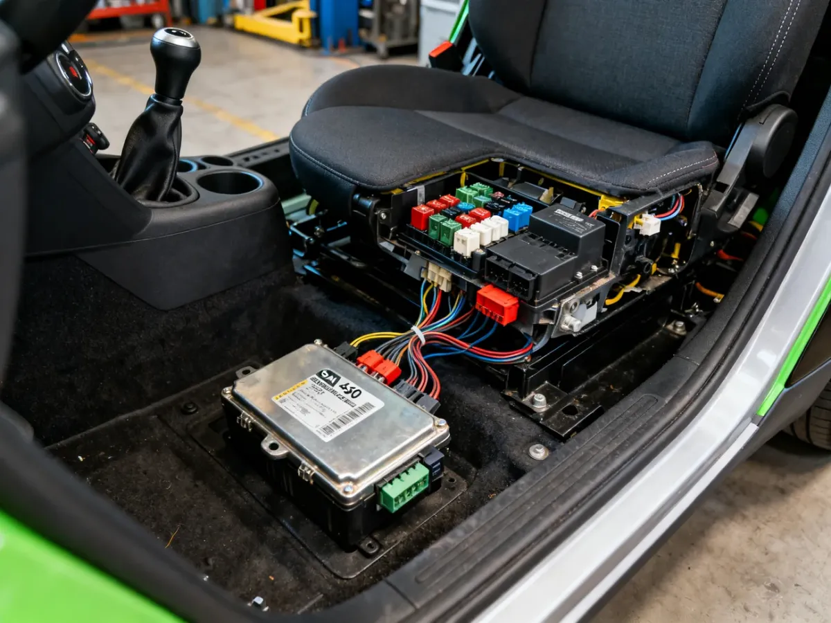 Moduł SAM i skrzynka bezpieczników pod fotelem kierowcy w Smart Fortwo
