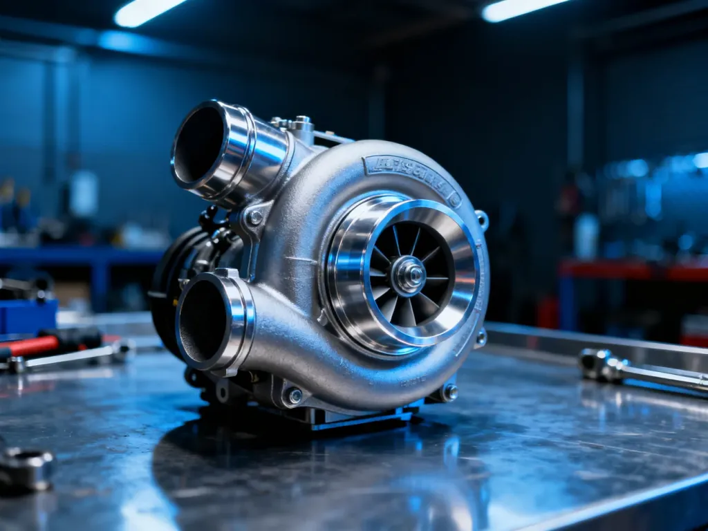 Zbliżenie na nowoczesną turbosprężarkę samochodową leżącą na warsztatowym stole, ukazujące detale metalowej obudowy i wirnika.