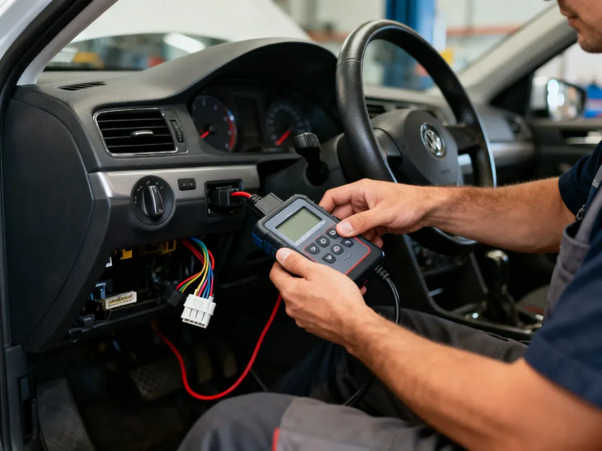 Mechanik podłączający skaner OBD2 do samochodu