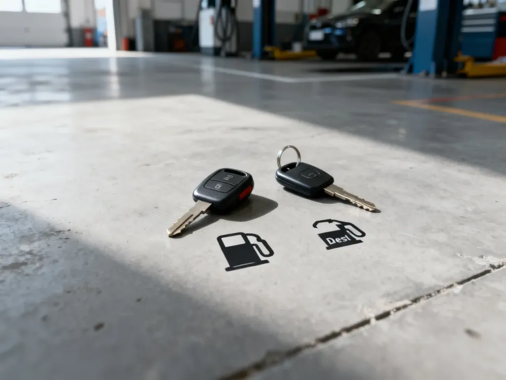 Dwa kluczyki do samochodu Volvo na tle symboli dystrybutora benzyny i oleju napędowego, symbolizujące wybór silnika.
