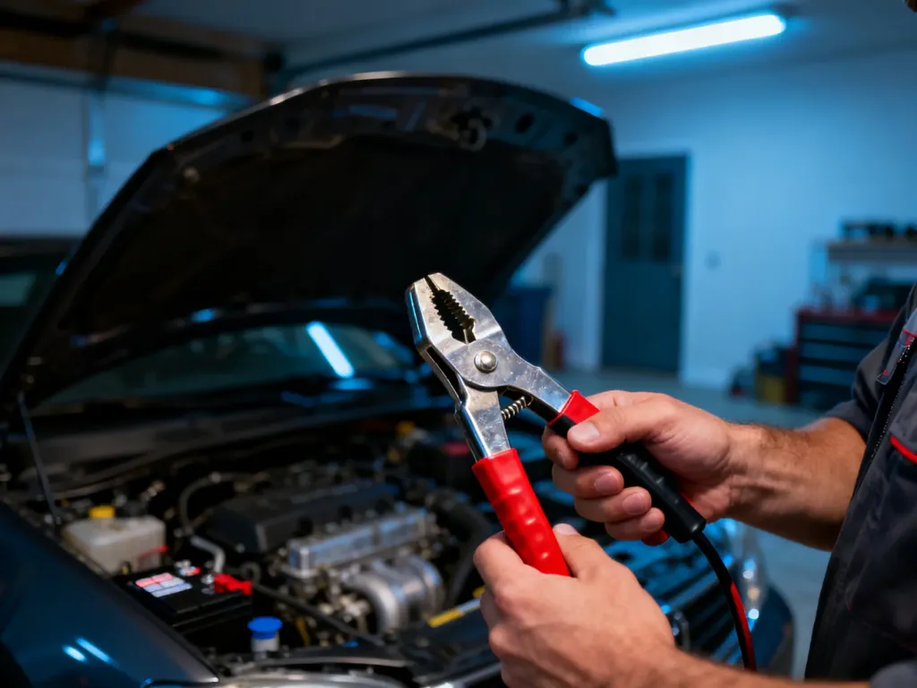 Dłonie mechanika odłączające klemy od akumulatora samochodowego w przydomowym garażu.