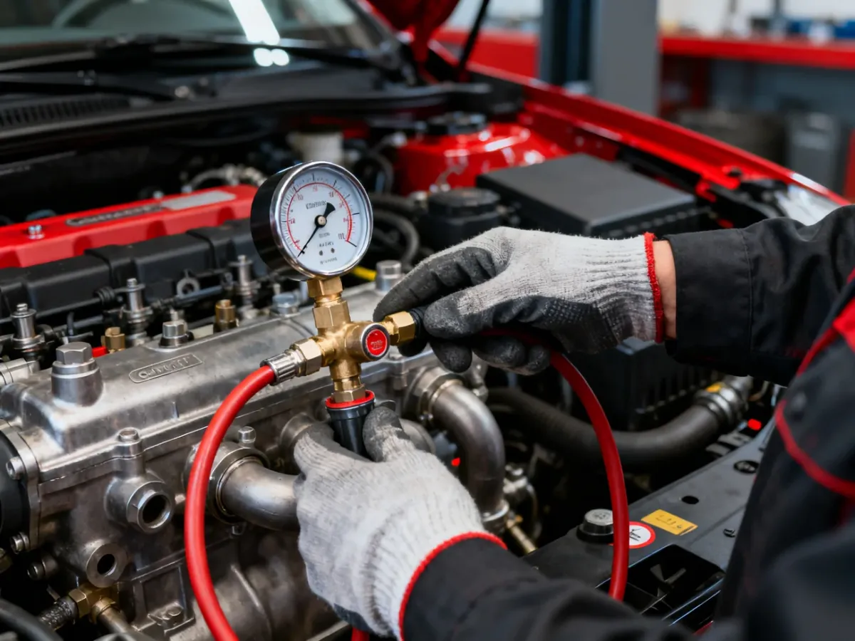 Mechanik mierzący ciśnienie w układzie Common Rail za pomocą manometru