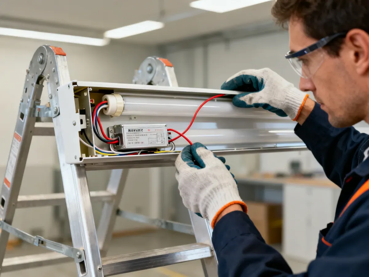 Elektryk sprawdzający statecznik elektroniczny w bezpiecznie odłączonej oprawie