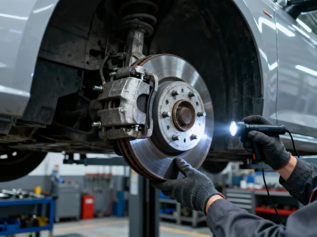 Mechanik kontroluje układ hamulcowy samochodu