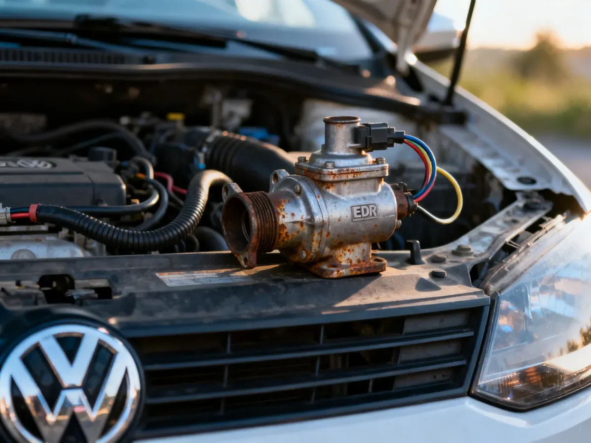 Zbliżenie na zawór EGR w komorze silnika Volkswagena Polo, ukazujące jego lokalizację oraz podłączone przewody.