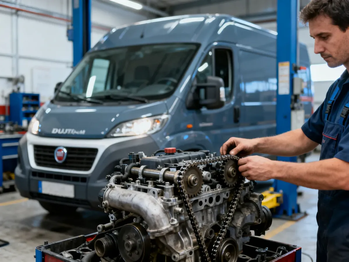 Mechanik kontrolujący łańcuch rozrządu w silniku Fiata Ducato 3.0