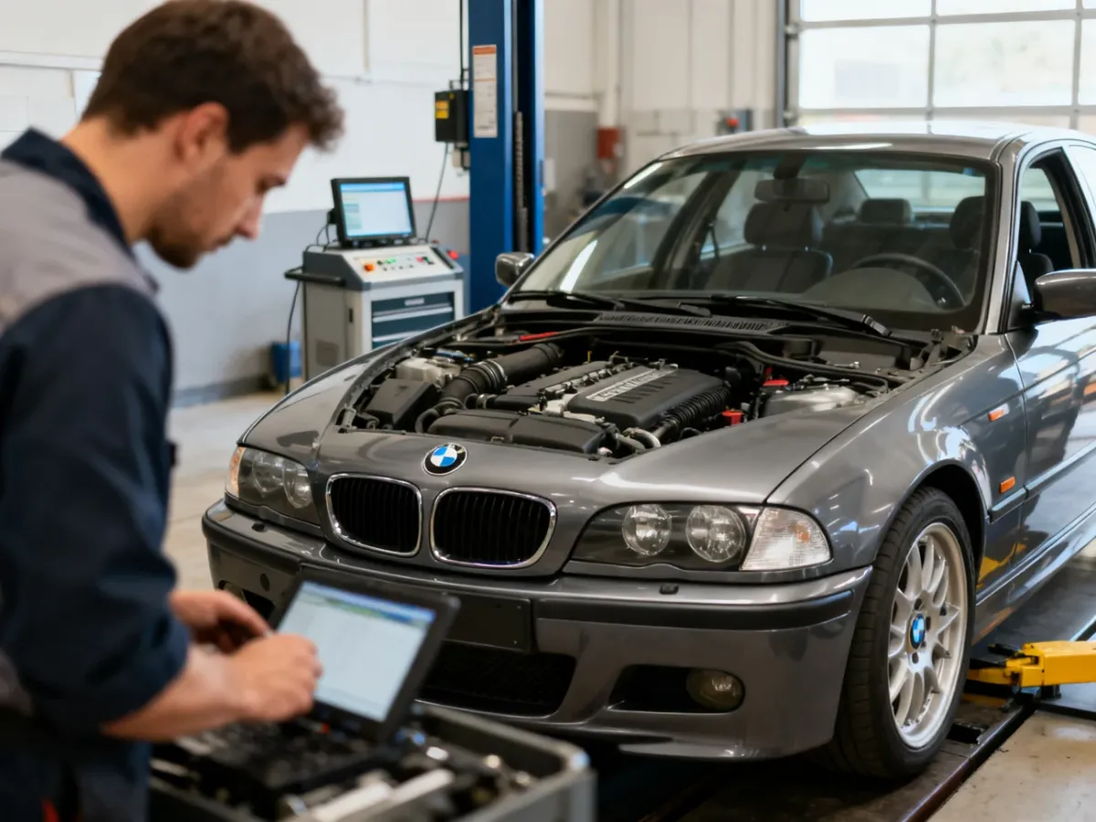 Mechanik sprawdza BMW E46 podczas oględzin przed zakupem