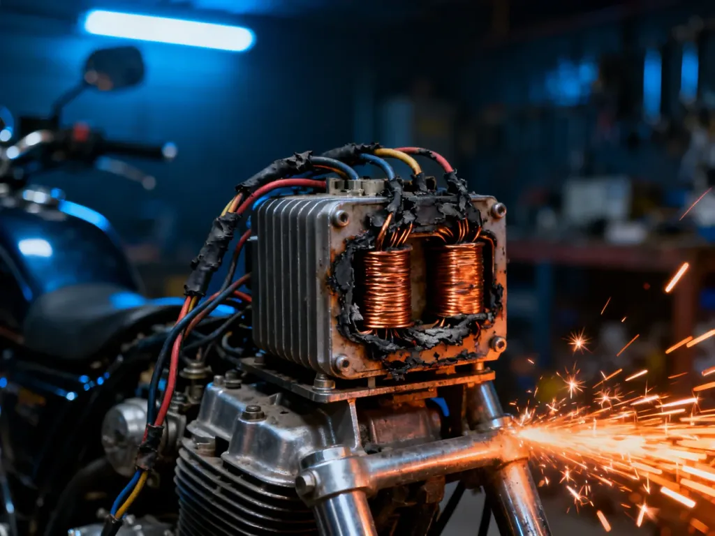 Uszkodzony regulator napięcia z widocznymi przypalonymi przewodami zamontowany na ramie motocykla.